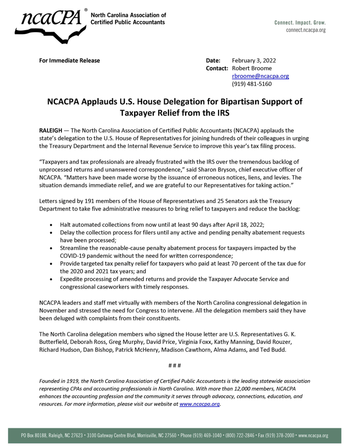 NCACPA Applauds U.S. House Delegation for Bipartisan Support of Taxpayer Relief from the IRS News Release